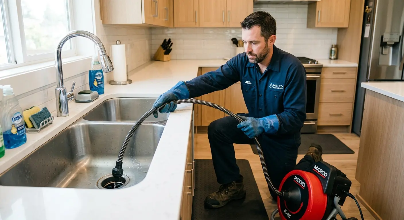 Drain cleaning technician using a motorized snake on a kitchen sink in DeForest