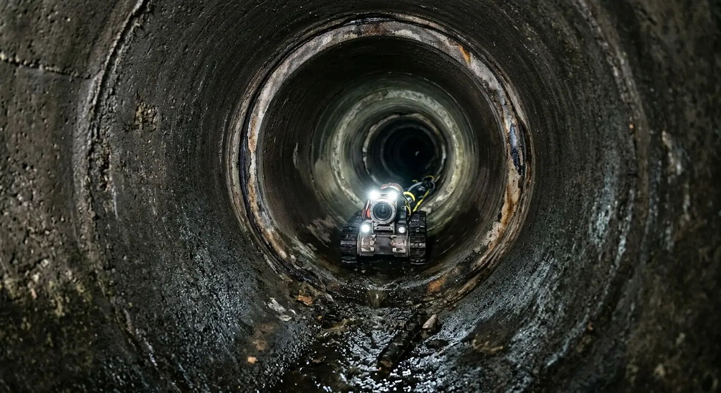 Robotic sewer camera inspecting pipe interior for Sewer Line Cleaning in DeForest
