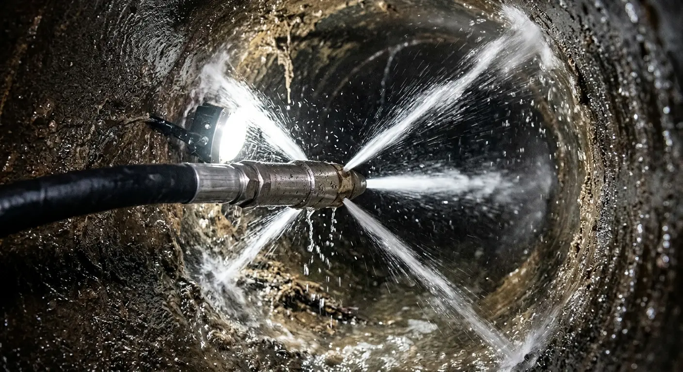 High-pressure hydro jetting nozzle cleaning sewer pipe for Emergency Drain Service in DeForest