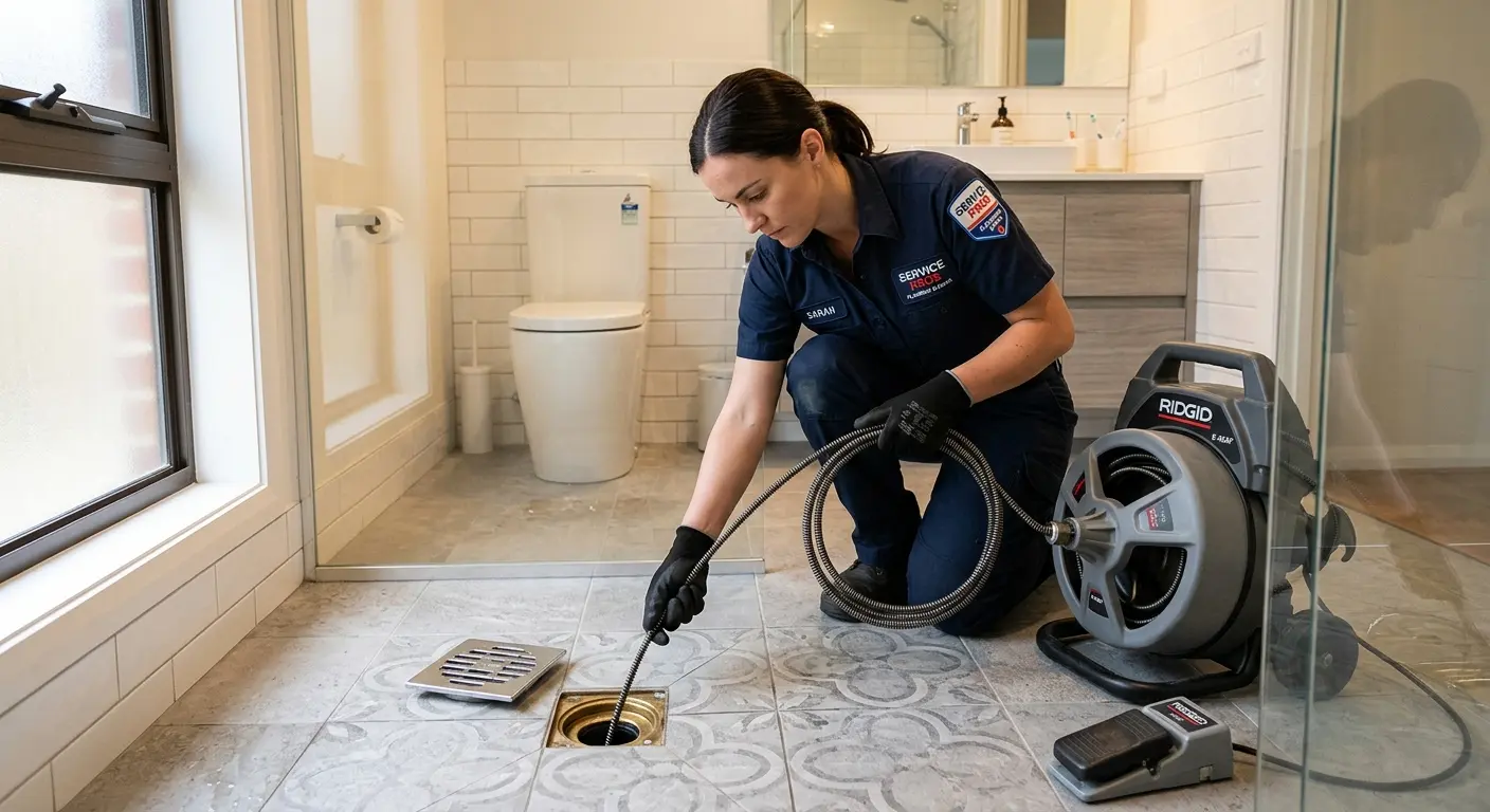 Technician clearing a bathroom floor drain for Sewer Line Installation in DeForest